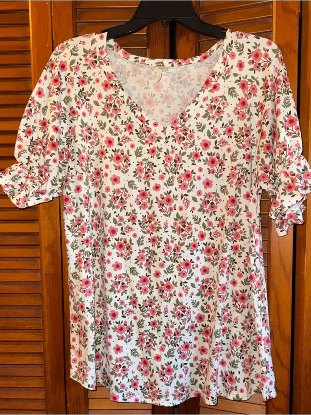 Honeyme White Tunic with Pink Floral Print and Green Leaves